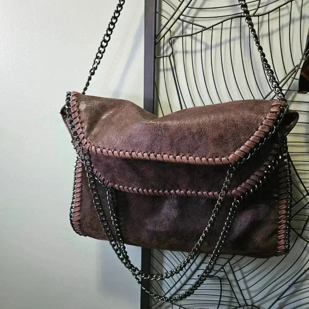 Designer Inpired Brown Suede Like with Black Gun Metal Chains Shouler Bag